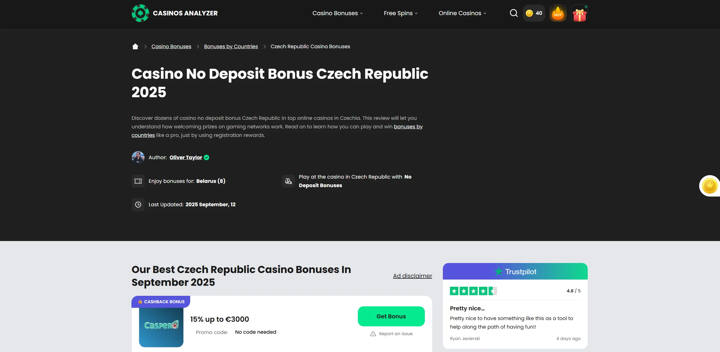 Screenshot of Casinosanalyzer.com - Casino No Deposit Bonus Czech Republic ✔️ Czechia Free Spins Codes for Mobile Gambling